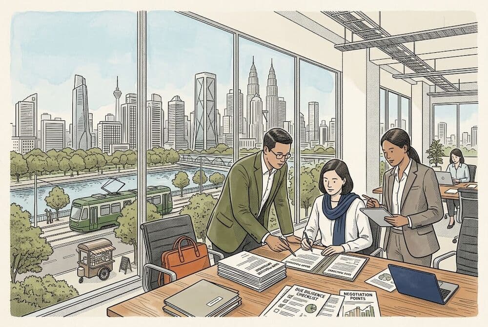 An illustration of lawyers going through documents around a table, with the Kuala Lumpur skyline outside the window.